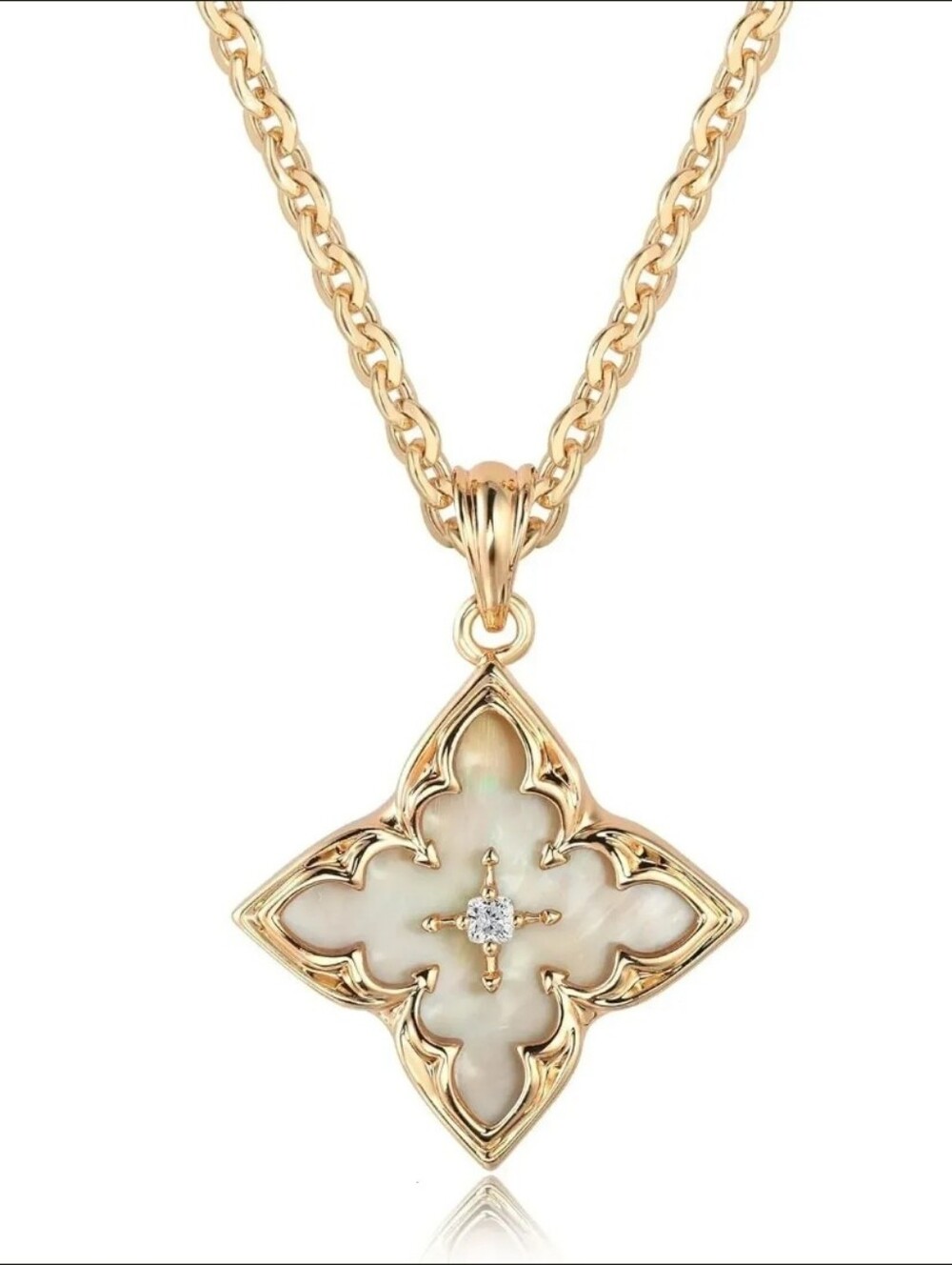 14k Gold Plated Clover Pendant Necklace With Cubic Zirconia & White Shell Accent